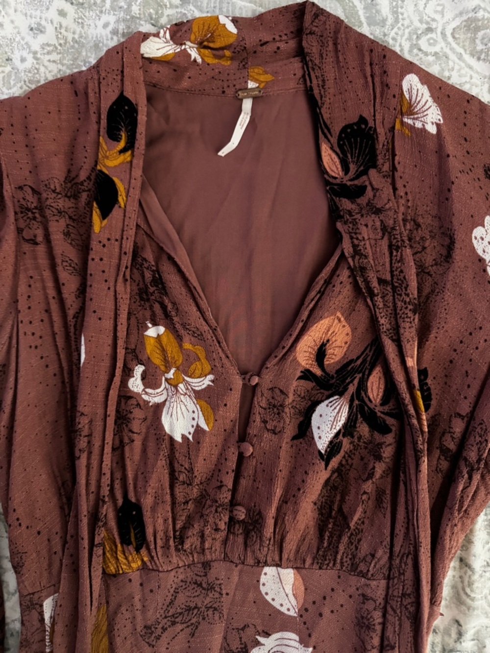 Free People Mauve Floral Long-Sleeve Tie-Neck Dress - Picture 5 of 6